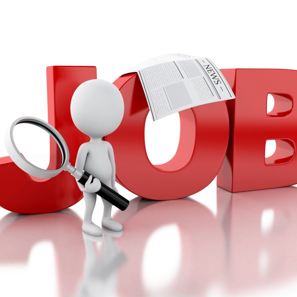 3d renderer illustration. White people with Search job Text and Newspaper. White background